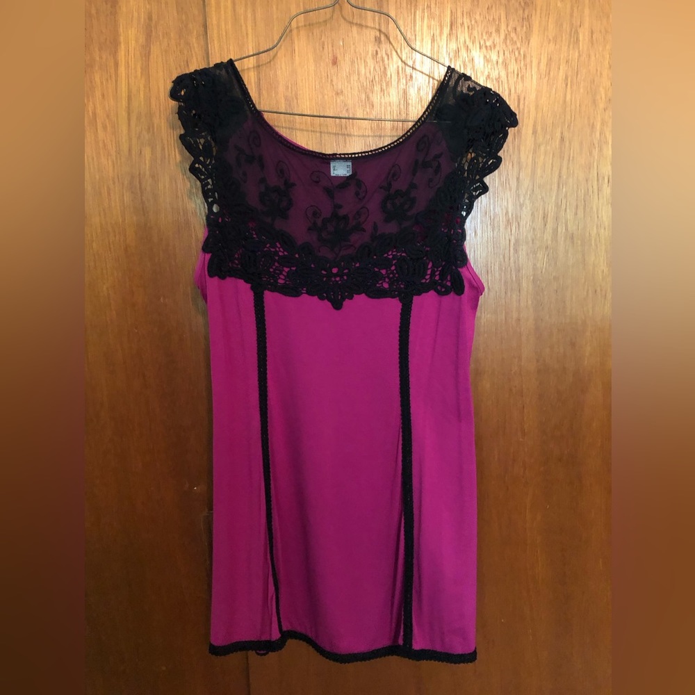 Fuscia tunic tank with black lace sheer detail